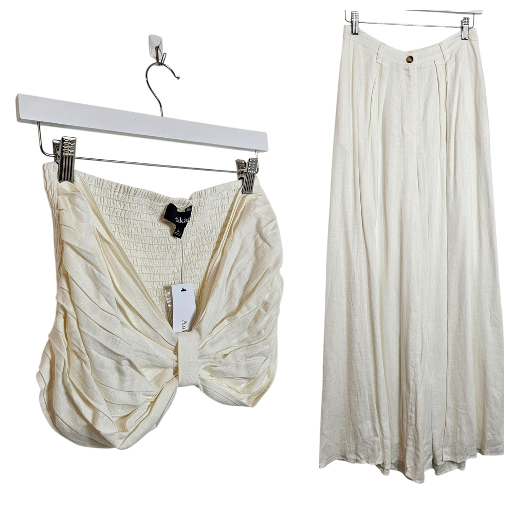 Aakaa 2 Piece Set Size L Linen Blend Bandeau Top Wide Leg Pants Ivory Resortwear